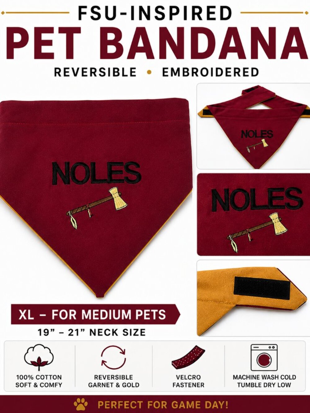 NOLES Reversible Garnet/Gold FSU Pet Bandana/Scarf